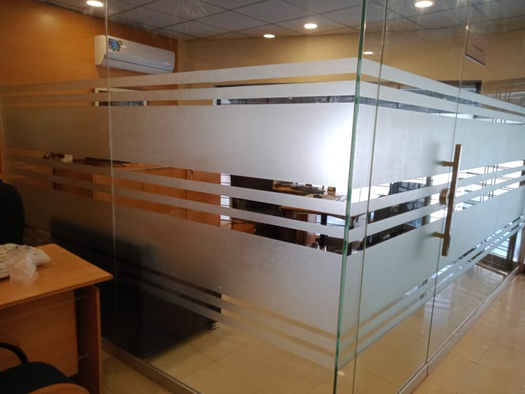 Professional frosted paper installation in Dubai on shower glass