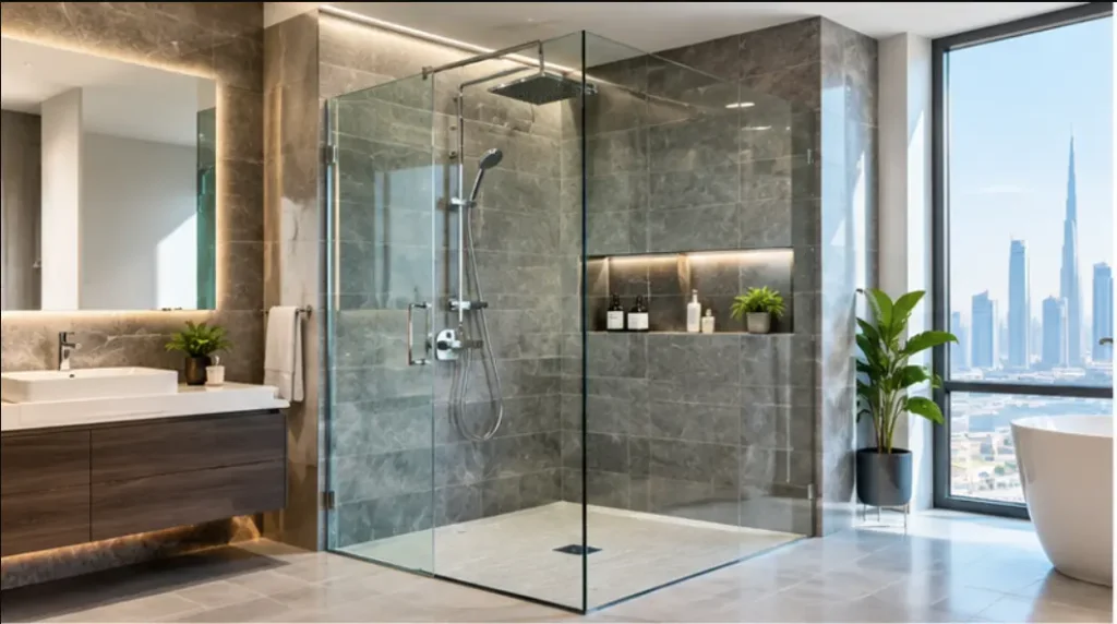 Frameless shower glass partition Abu Dhabi in a modern bathroom
